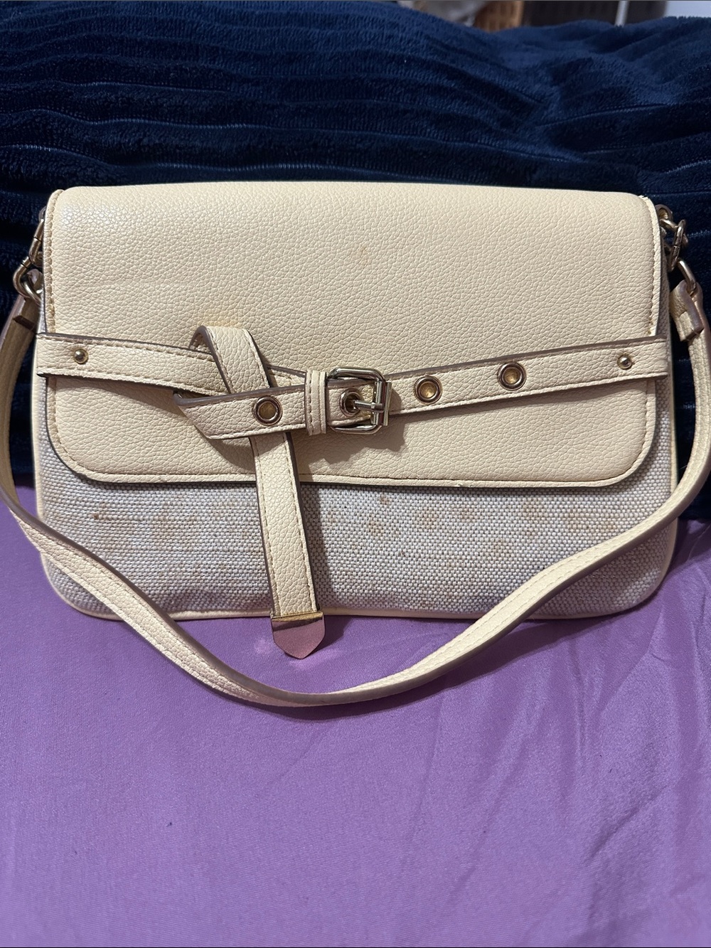 Anne Klein Cream Shoulder Bag with Buckle Accent